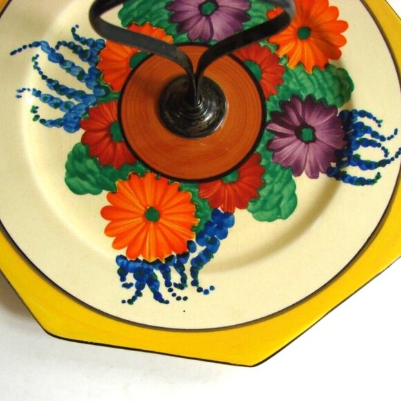Clarice Cliff Gayday Octagonal 7.5" Cake Plate with Handle Floral 1930s Antique - Picture 4 of 11